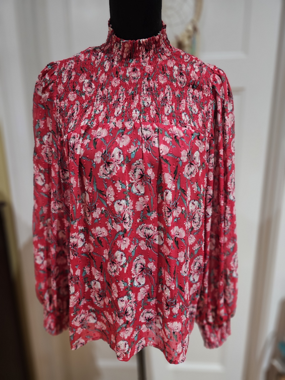 Rachel Zoe Red Floral Smocked-Neck Blouse